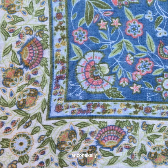 Square Wool Blue Scarf With Leaves and Flowers - Picture 5 of 12